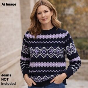 Talbots Diamond Fair Isle Crewneck‎ Sweater Womens 3XL Purple Nordic Style Cozy